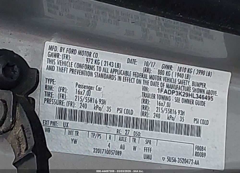 2017 FORD FOCUS SE VIN: 1FADP3K29HL346495