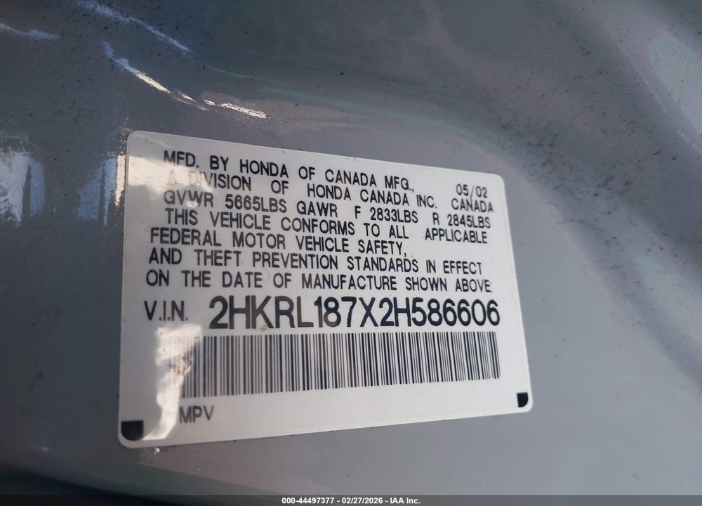 2002 HONDA ODYSSEY EX-L VIN: 2HKRL187X2H586606