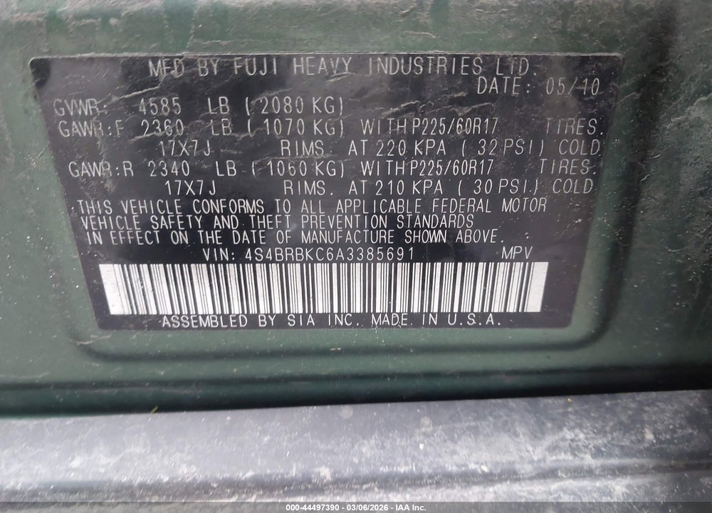 2010 SUBARU OUTBACK 2.5I LIMITED VIN: 4S4BRBKC6A3385691