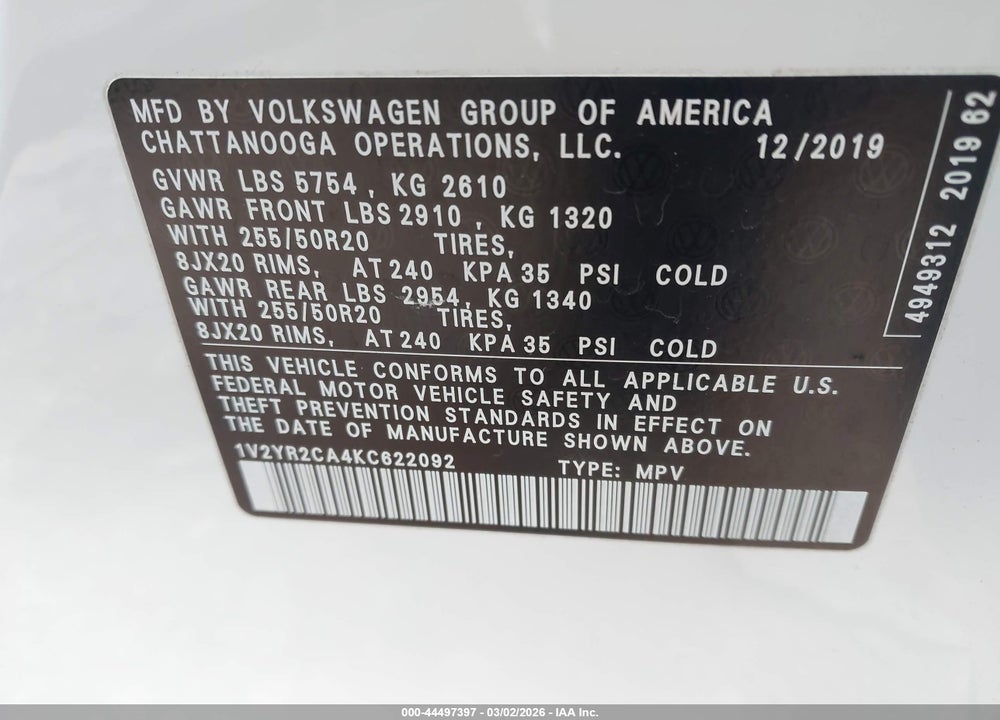 2019 VOLKSWAGEN ATLAS 3.6L V6 SE W/TECHNOLOGY R-LINE VIN: 1V2YR2CA4KC622092