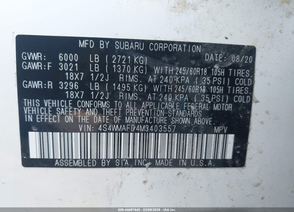 2021 SUBARU ASCENT PREMIUM VIN: 4S4WMAFD4M3403557