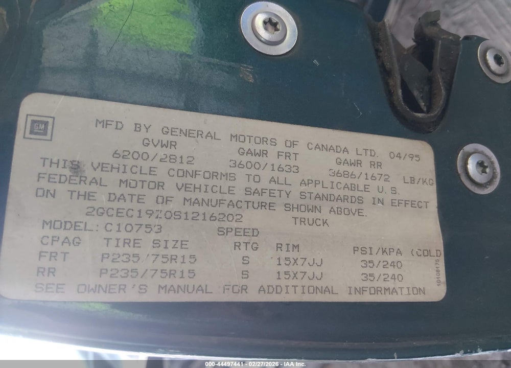 1995 CHEVROLET GMT-400 C1500 VIN: 2GCEC19Z0S1216202