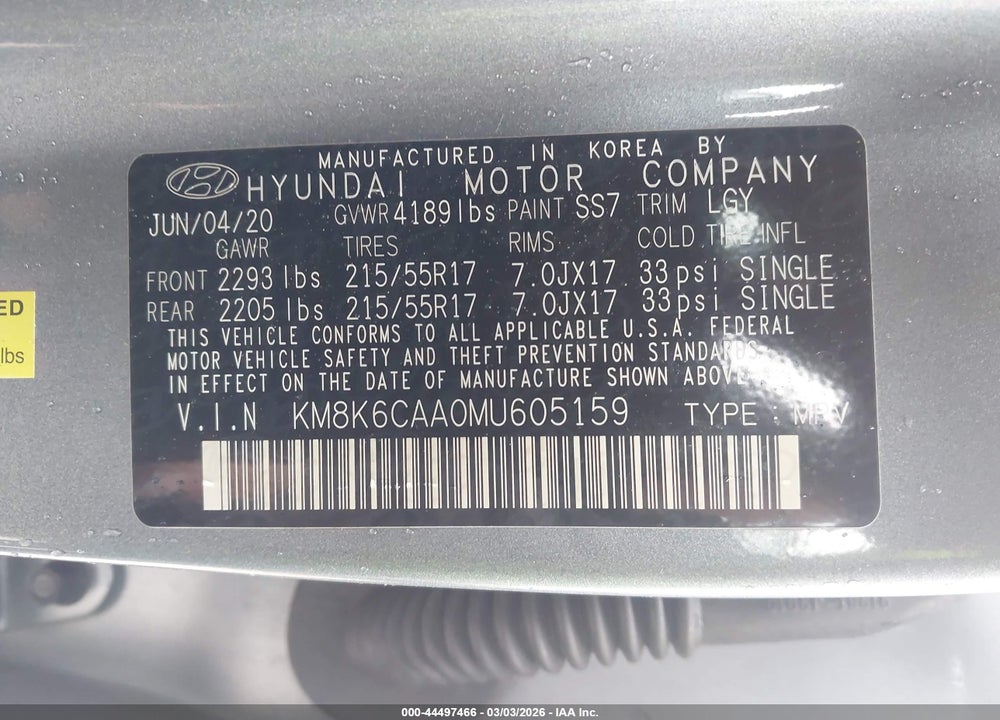 2021 HYUNDAI KONA SEL PLUS VIN: KM8K6CAA0MU605159