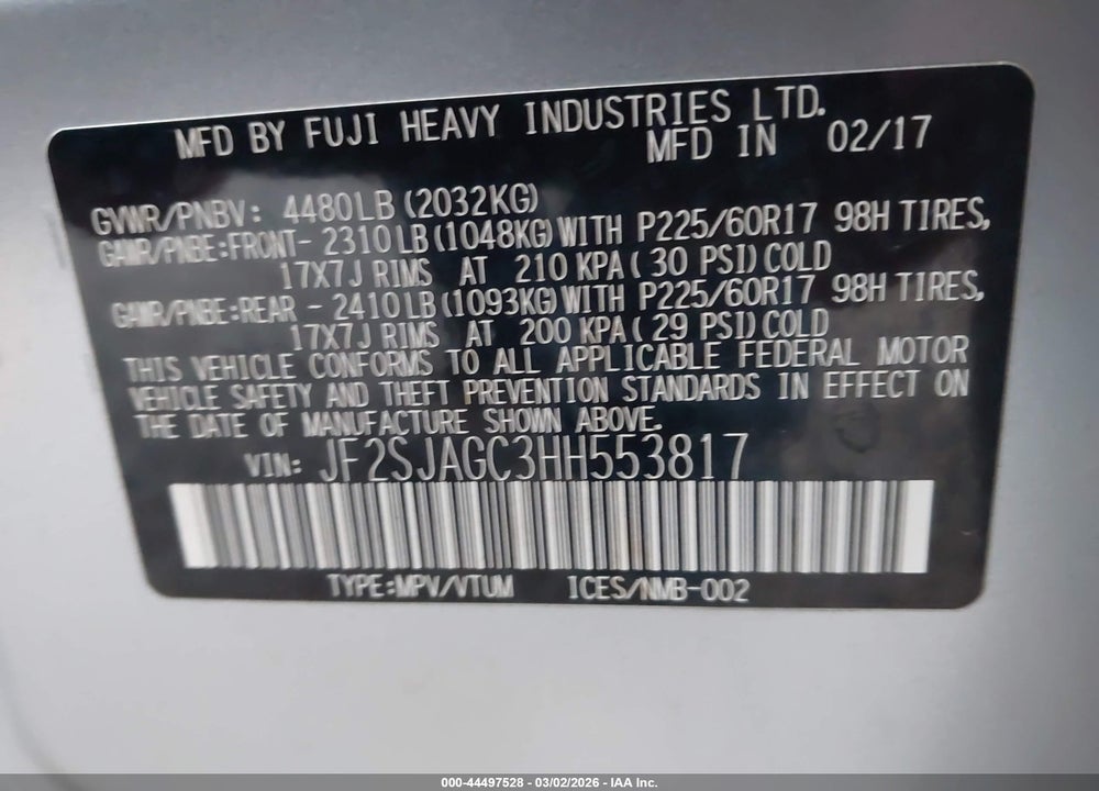 2017 SUBARU FORESTER 2.5I PREMIUM VIN: JF2SJAGC3HH553817