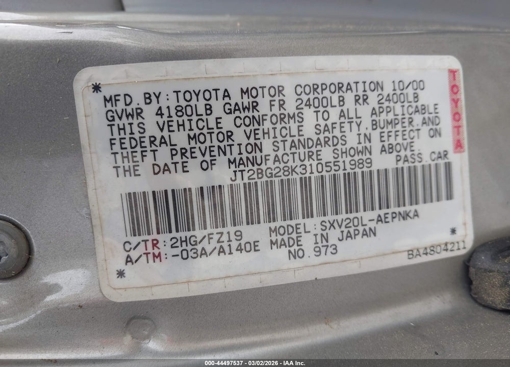 2001 TOYOTA CAMRY LE VIN: JT2BG28K310551989