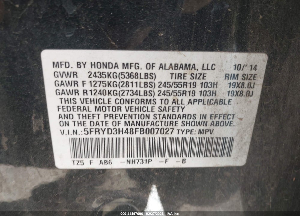 2015 ACURA MDX TECHNOLOGY PACKAGE VIN: 5FRYD3H48FB007027
