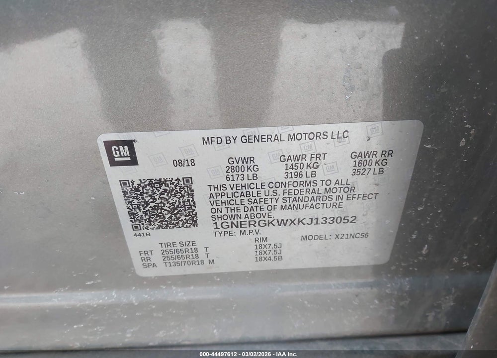 2019 CHEVROLET TRAVERSE 1LT VIN: 1GNERGKWXKJ133052