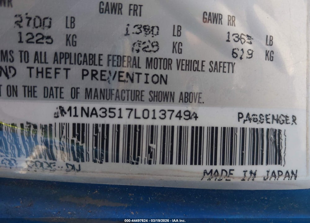 1990 MAZDA MX-5 MIATA VIN: JM1NA3517L0137494