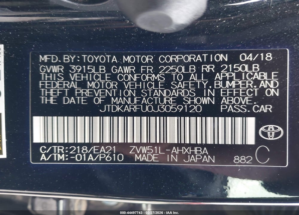 2018 TOYOTA PRIUS THREE TOURING VIN: JTDKARFU0J3059120
