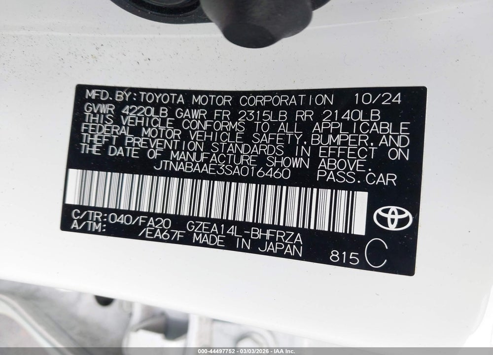 2025 TOYOTA GR COROLLA CORE VIN: JTNABAAE3SA016460