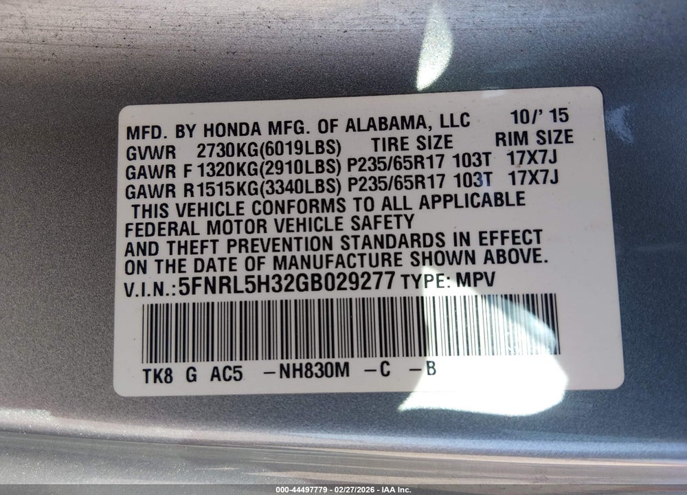 2016 HONDA ODYSSEY SE VIN: 5FNRL5H32GB029277