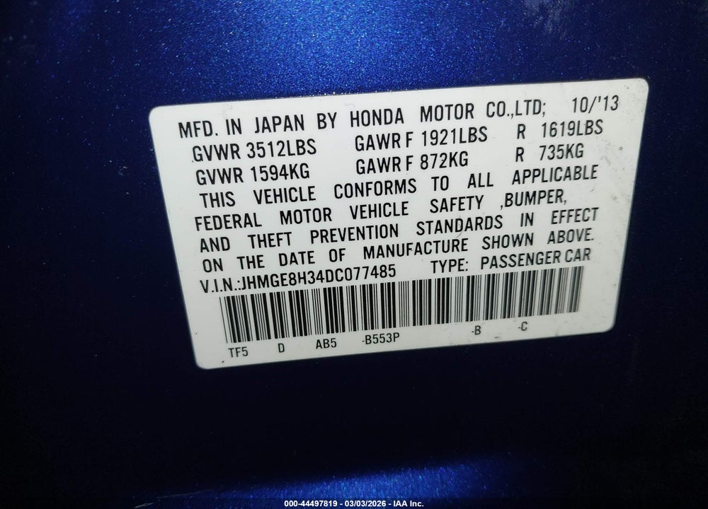 2013 HONDA FIT VIN: JHMGE8H34DC077485