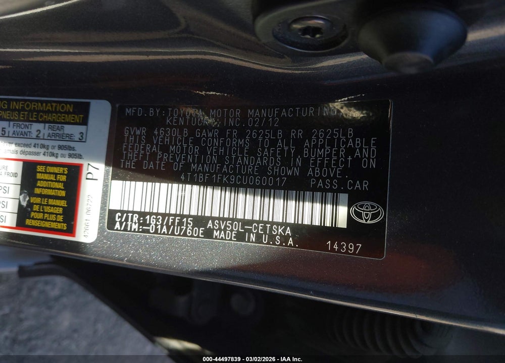 2012 TOYOTA CAMRY SE VIN: 4T1BF1FK9CU060017