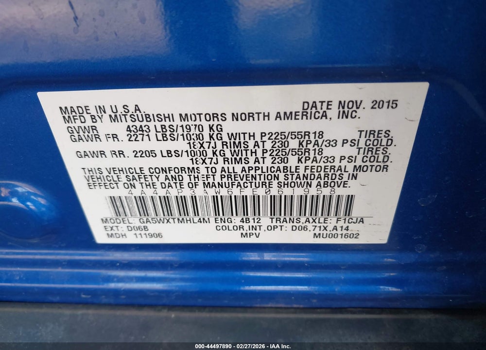2015 MITSUBISHI OUTLANDER SPORT ES VIN: 4A4AP3AW6FE061958