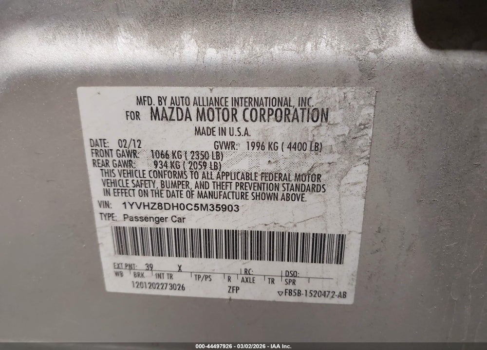 2012 MAZDA 6 I TOURING VIN: 1YVHZ8DH0C5M35903