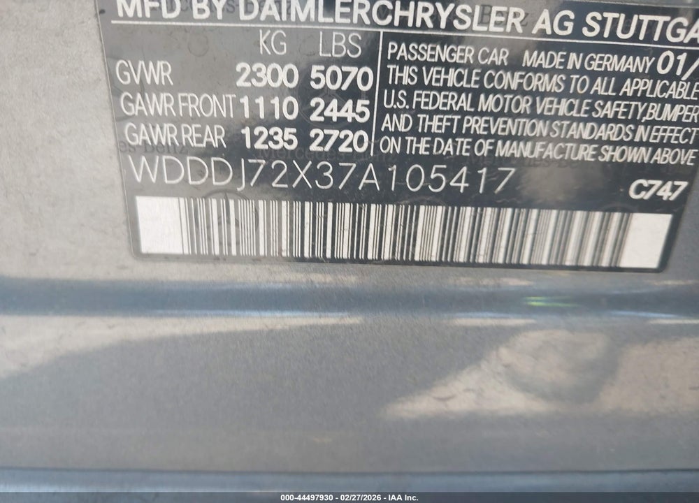 2007 MERCEDES-BENZ CLS 550 VIN: WDDDJ72X37A105417