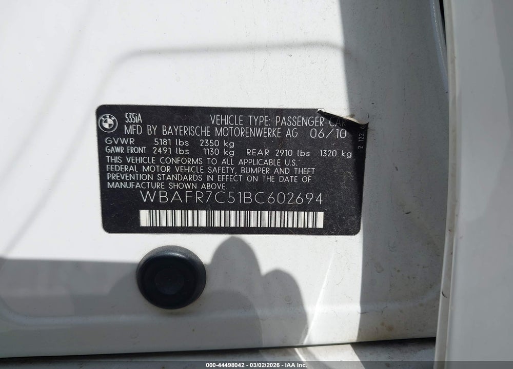 2011 BMW 535I VIN: WBAFR7C51BC602694