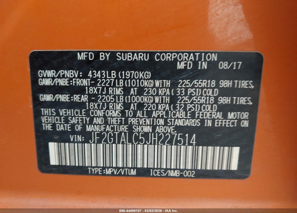 2018 SUBARU CROSSTREK 2.0I LIMITED VIN: JF2GTALC5JH227514