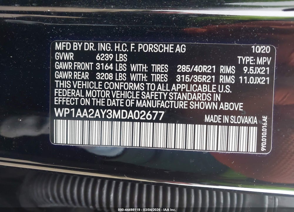 2021 PORSCHE CAYENNE VIN: WP1AA2AY3MDA02677