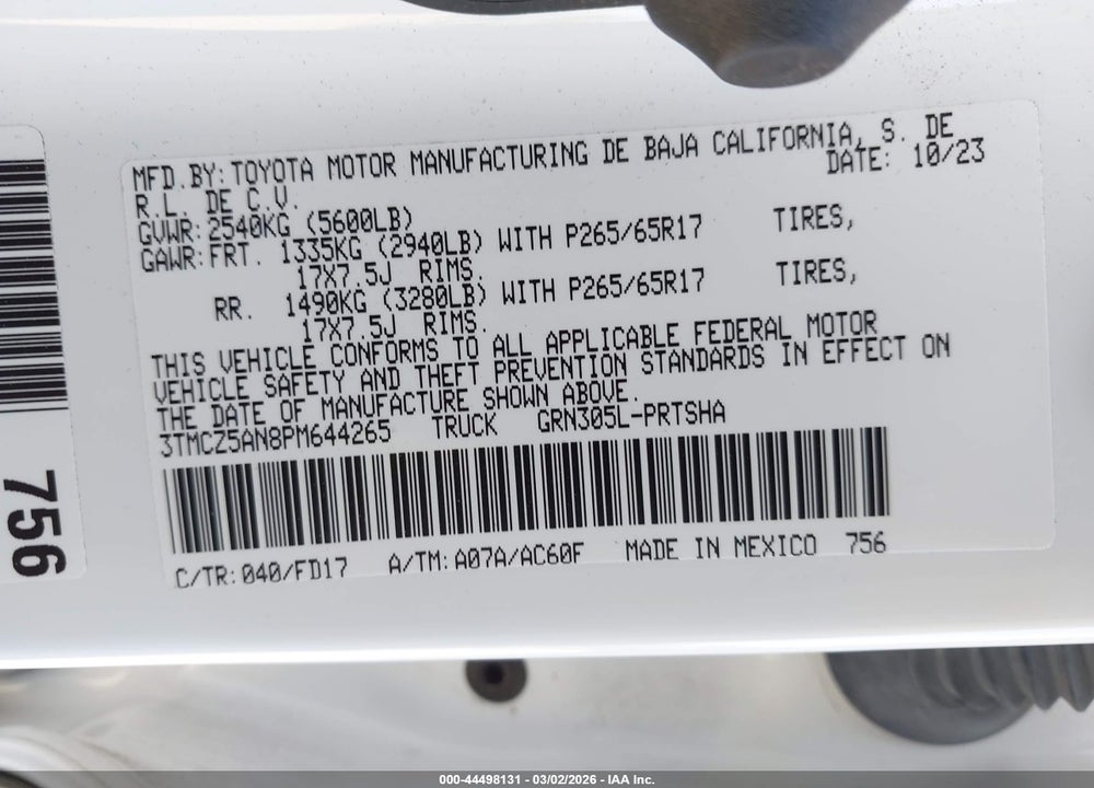2023 TOYOTA TACOMA TRD SPORT VIN: 3TMCZ5AN8PM644265
