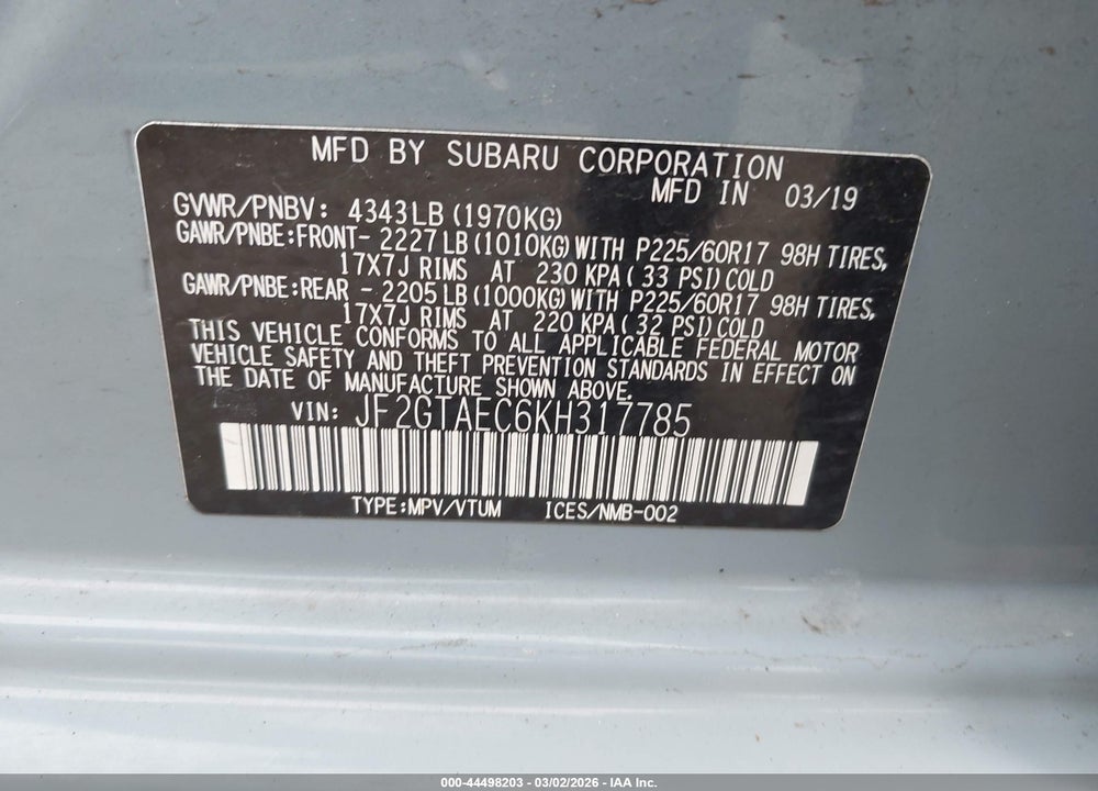 2019 SUBARU CROSSTREK 2.0I PREMIUM VIN: JF2GTAEC6KH317785