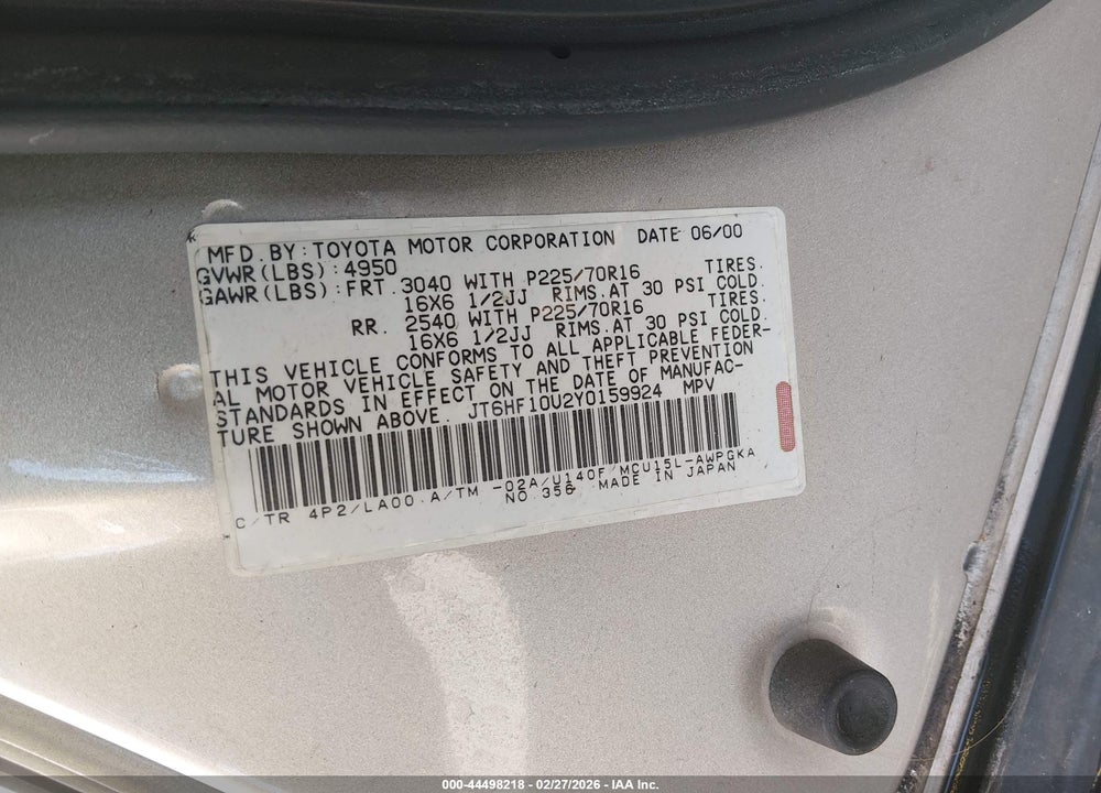 2000 LEXUS RX 300 VIN: JT6HF10U2Y0159924