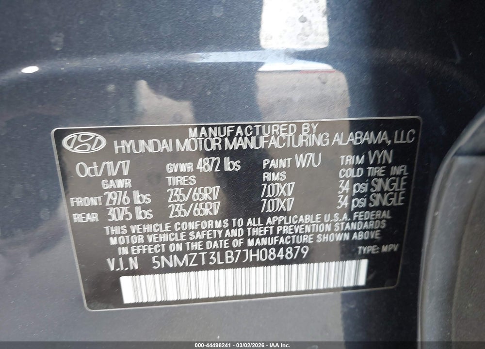 2018 HYUNDAI SANTA FE SPORT 2.4L VIN: 5NMZT3LB7JH084879