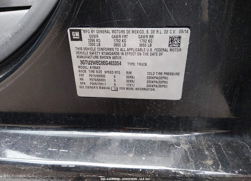 2014 GMC SIERRA K15 VIN: 3GTU2WEC8EG483354