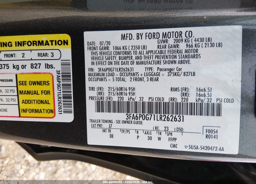2020 FORD FUSION S VIN: 3FA6P0G71LR262631