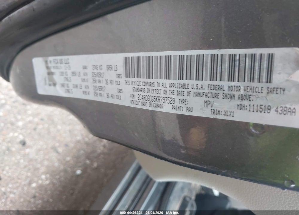 2019 DODGE GRAND CARAVAN SXT VIN: 2C4RDGCG5KR797528
