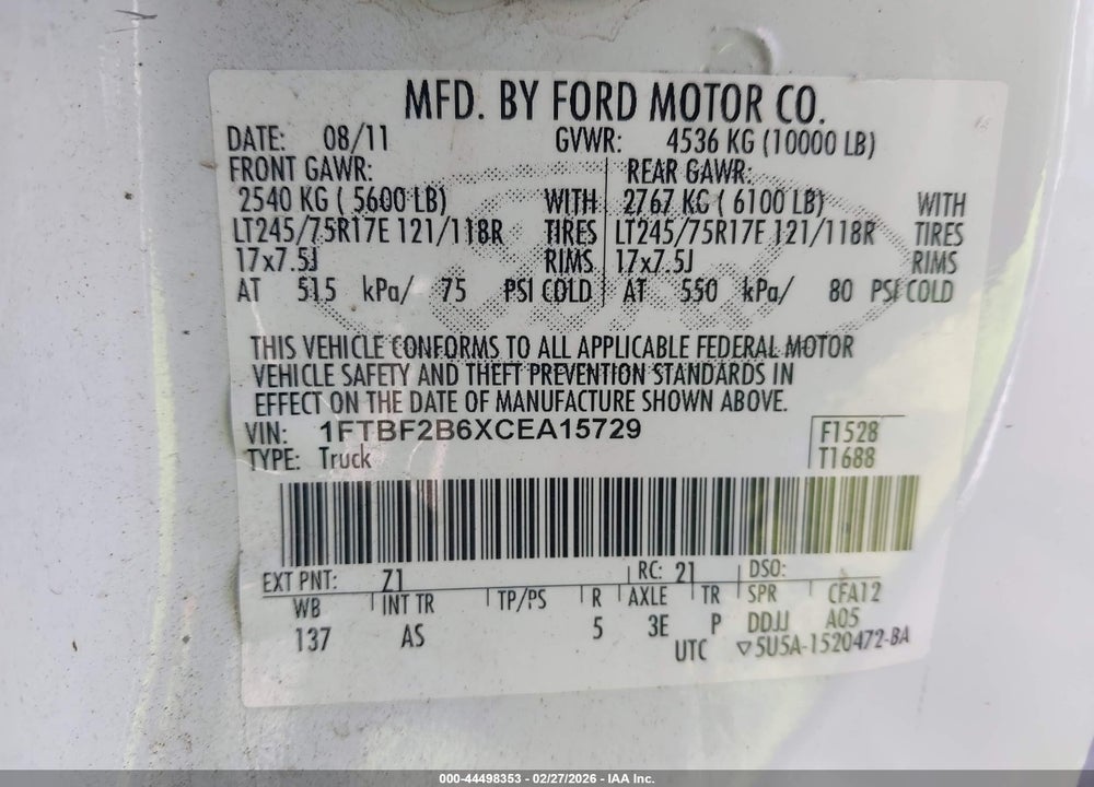2012 FORD F-250 XL VIN: 1FTBF2B6XCEA15729