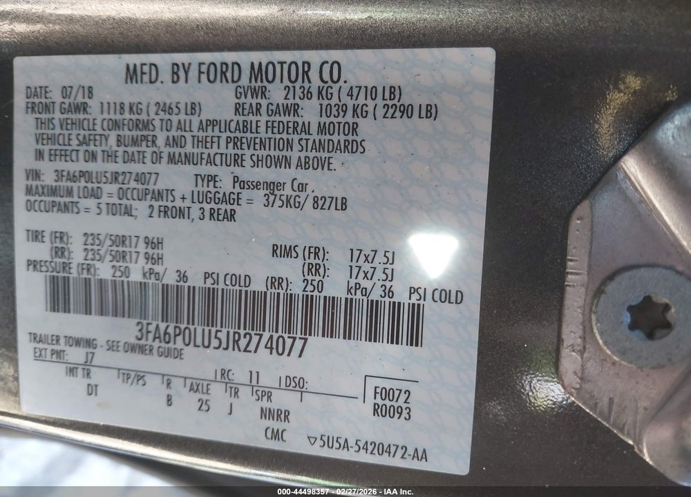 2018 FORD FUSION HYBRID SE VIN: 3FA6P0LU5JR274077