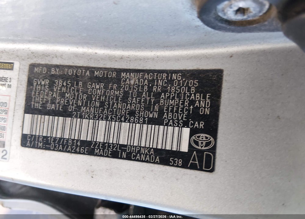 2005 TOYOTA MATRIX XR VIN: 2T1KR32EX5C428681