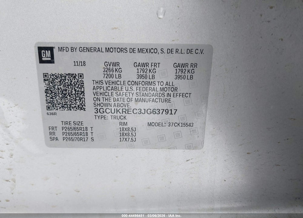 2018 CHEVROLET SILVERADO 1500 2LT VIN: 3GCUKREC3JG637917
