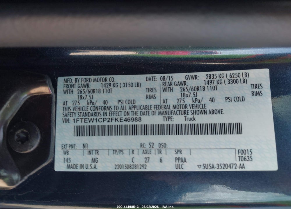2015 FORD F-150 XLT VIN: 1FTEW1CP2FKE46988