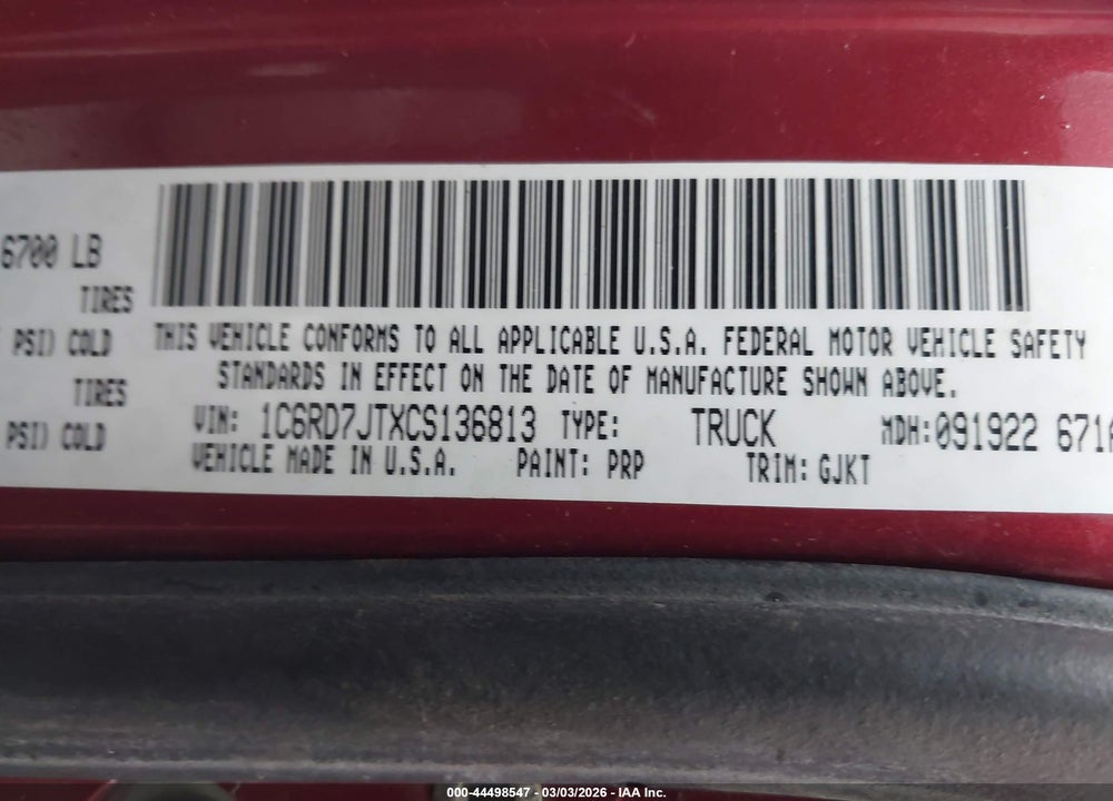 2012 RAM 1500 LAIE VIN: 1C6RD7JTXCS136813