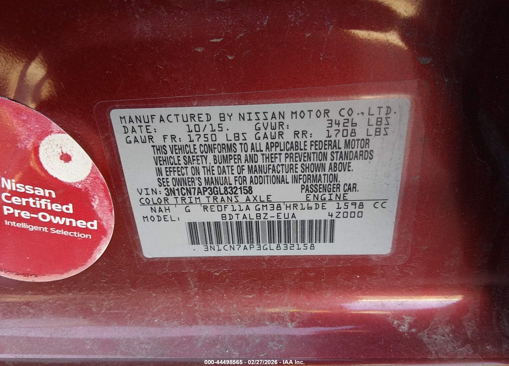 2016 NISSAN VERSA 1.6 SV VIN: 3N1CN7AP3GL832158