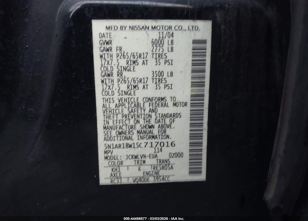 2005 NISSAN PATHFINDER LE VIN: 5N1AR18W15C717016