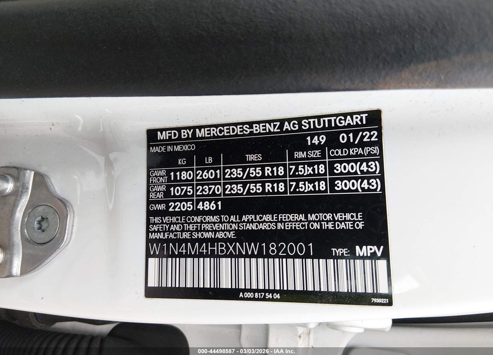 2022 MERCEDES-BENZ GLB 250 4MATIC VIN: W1N4M4HBXNW182001