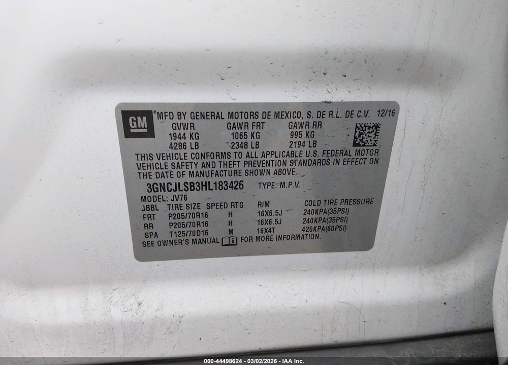 2017 CHEVROLET TRAX LT VIN: 3GNCJLSB3HL183426