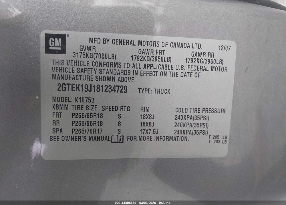 2008 GMC SIERRA 1500 SLT VIN: 2GTEK19J181234729