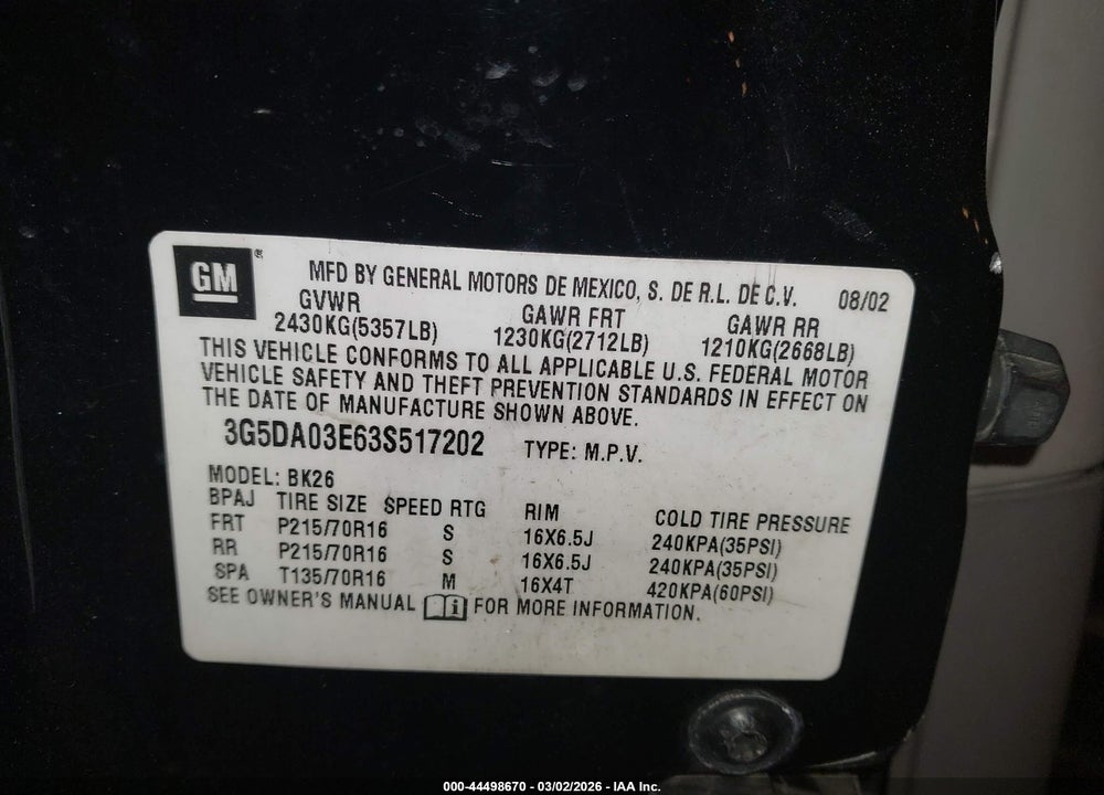 2003 BUICK RENDEZVOUS CXL VIN: 3G5DA03E63S517202