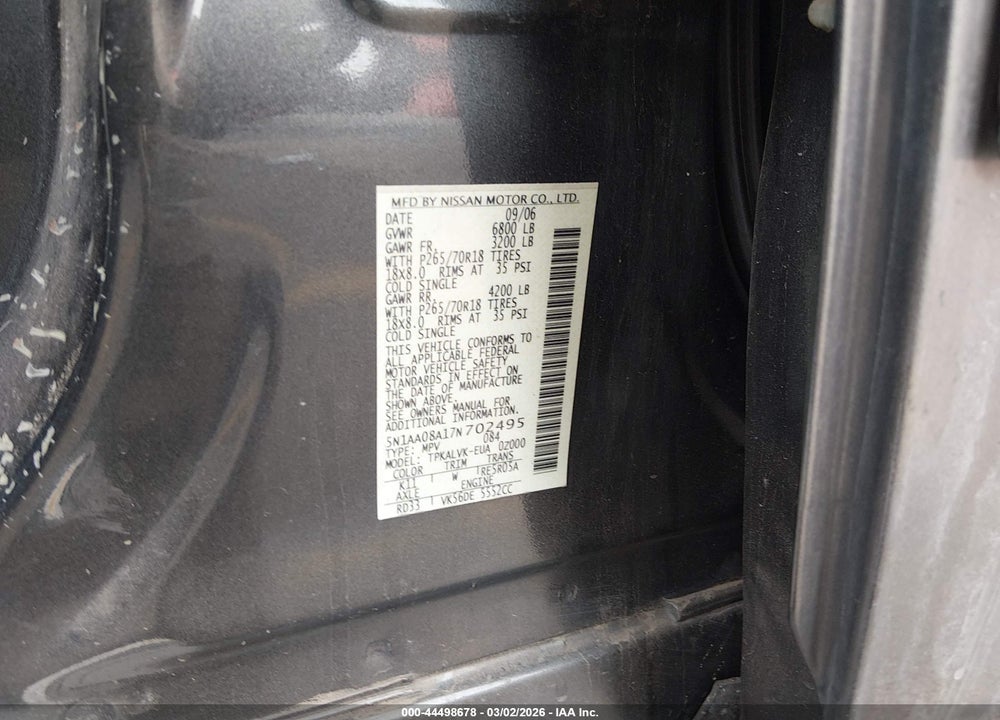 2007 NISSAN ARMADA LE VIN: 5N1AA08A17N702495