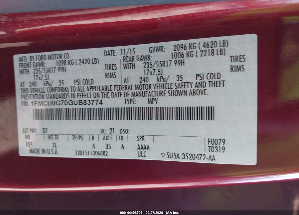 2016 FORD ESCAPE SE VIN: 1FMCU0G70GUB83774