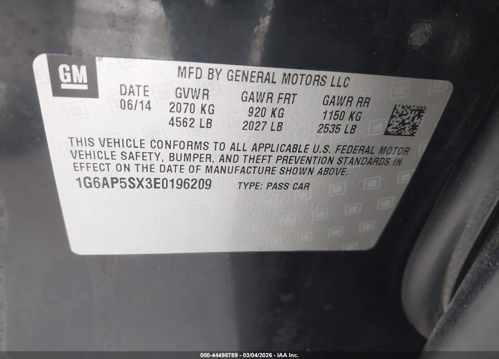 2014 CADILLAC CTS STANDARD VIN: 1G6AP5SX3E0196209
