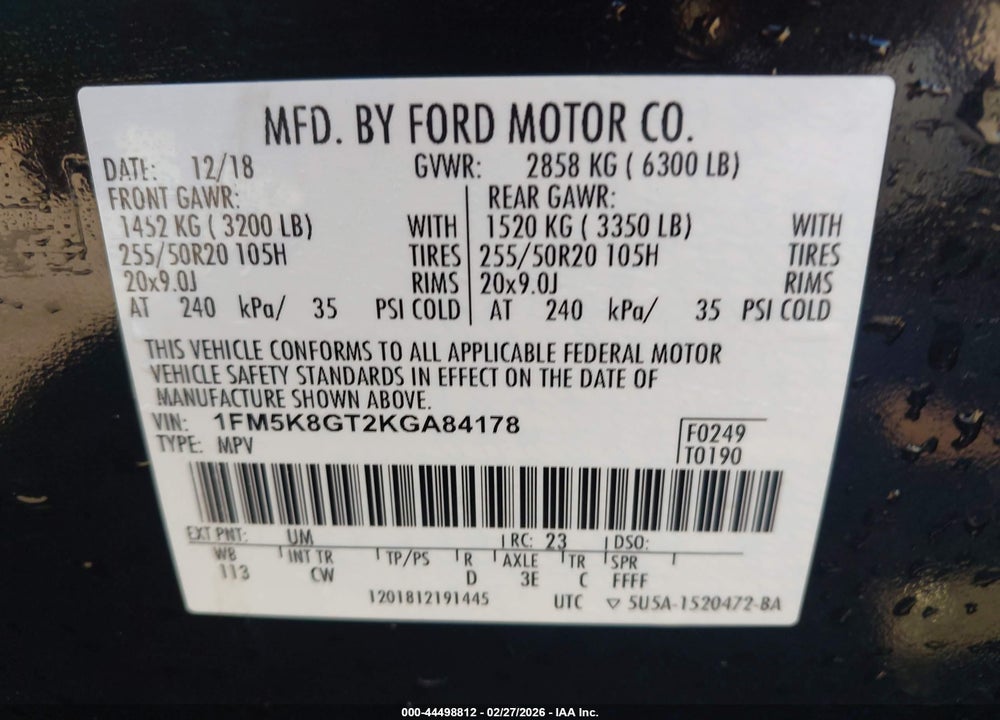 2019 FORD EXPLORER SPORT VIN: 1FM5K8GT2KGA84178