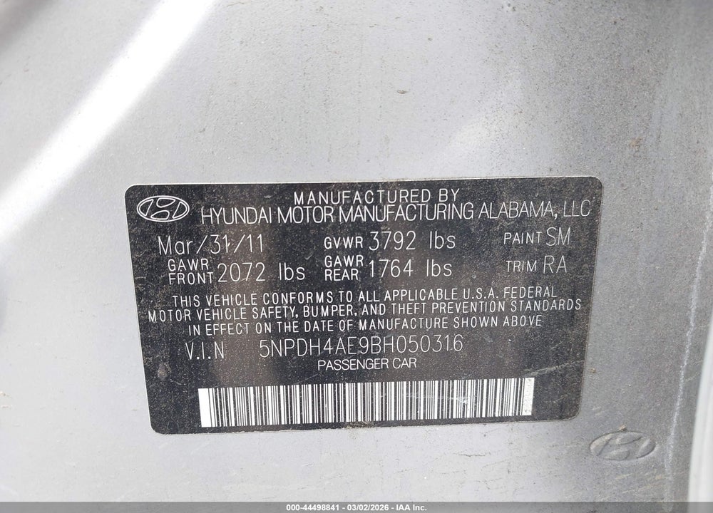 2011 HYUNDAI ELANTRA GLS VIN: 5NPDH4AE9BH050316