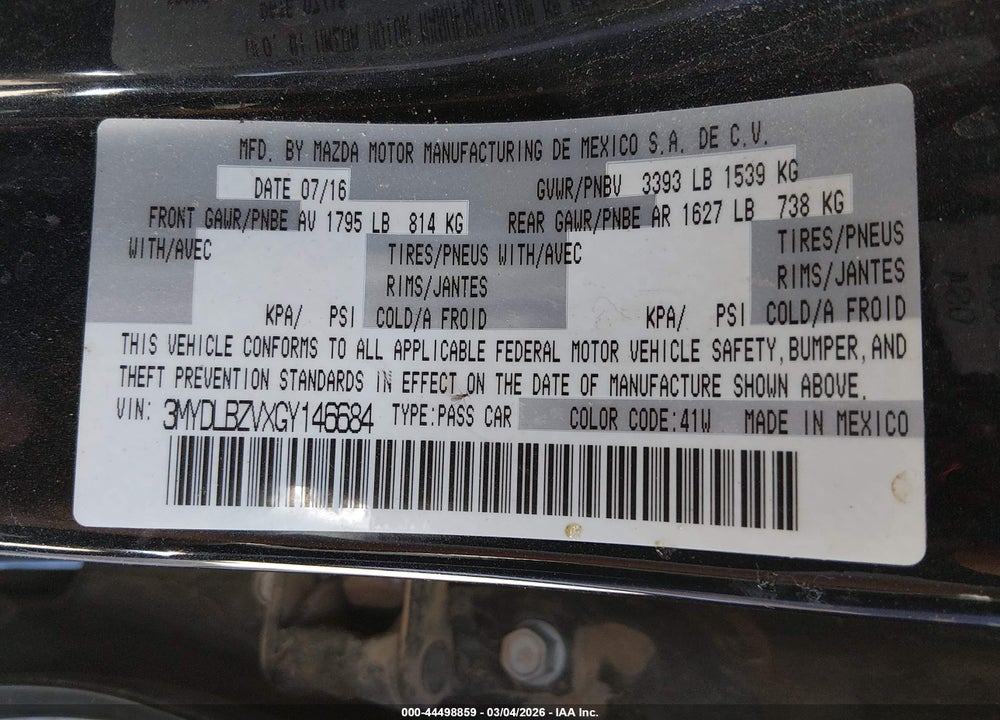 2016 SCION IA VIN: 3MYDLBZVXGY146684