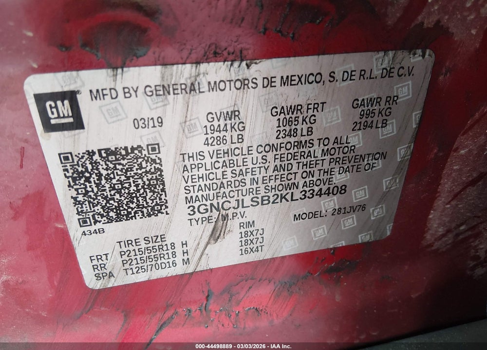 2019 CHEVROLET TRAX LT VIN: 3GNCJLSB2KL334408