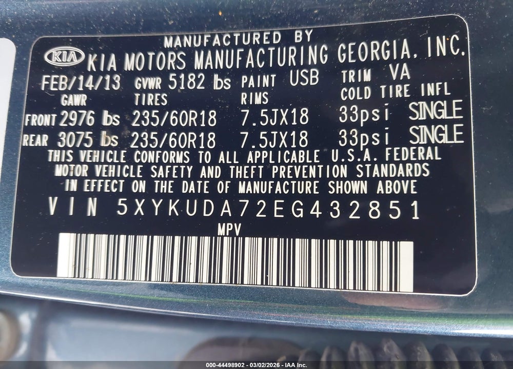 2014 KIA SORENTO EX V6 VIN: 5XYKUDA72EG432851